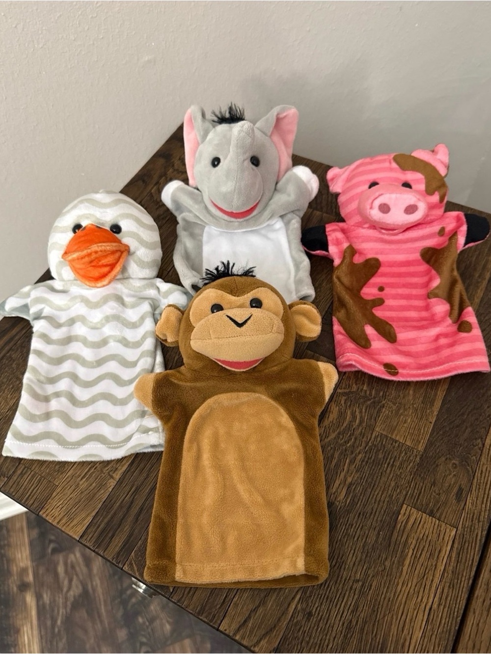Set of 4 Animal Hand Puppets - Duck, Elephant, Pig, Monkey